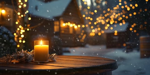 A glowing candle with frosted pine decoration on a wooden table, snowy cabins, and festive lights in a winter wonderland