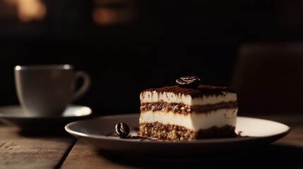 Delicious tiramisu slice on a white porcelain plate, showcasing creamy layers of coffee-soaked ladyfingers and mascarpone filling, lightly dusted with cocoa powder and garnished with a single coffee b