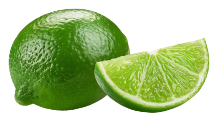 Fresh lime and a lime slice hovering on transparent background