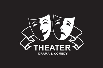 icon of comedy and tragedy theatrical masks with ribbon isolated on black background