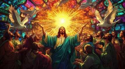 A detailed illustration of Jesus surrounded by disciples in a stunning stained glass design, with vibrant colors and intricate patterns, doves soaring towards a radiant sunbeam