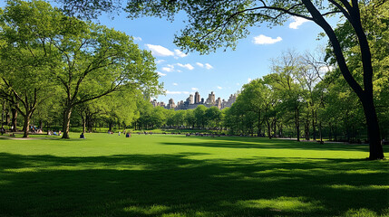 Obraz premium lush green park with a pristine grass lawn, scattered trees, and an open blue sky -