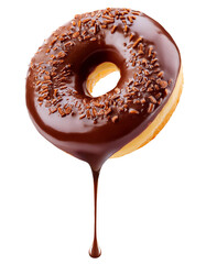 Delicious chocolate donut dripping on transparent background