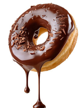 Delicious donut covered in dripping chocolate with chocolate shavings on transparent background