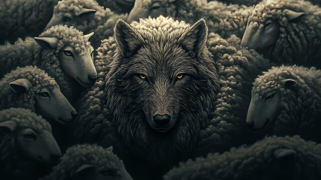 Deceptive wolf in sheep's clothing. Paradox. Illustration