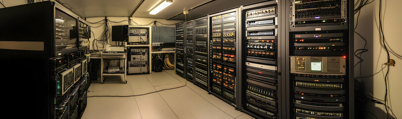 Modern server room with large servers, wires, and buttons, illustrating data storage and cloud mining operations  -