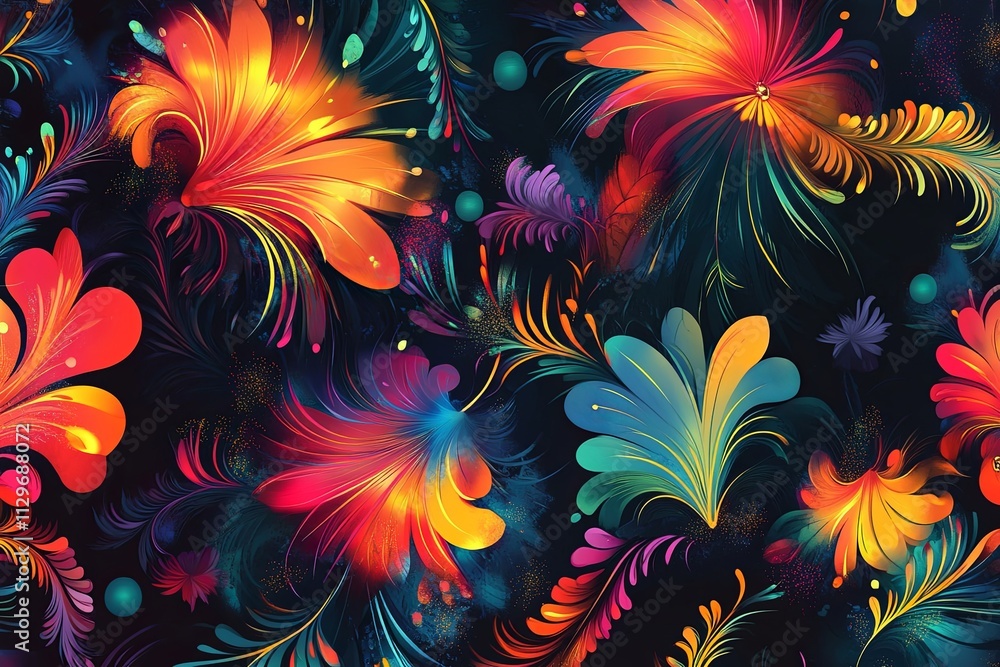 Poster colorful floral abstract design with vibrant swirls and patterns on a dark background. generative ai