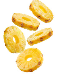 Sliced pineapple falling on transparent background