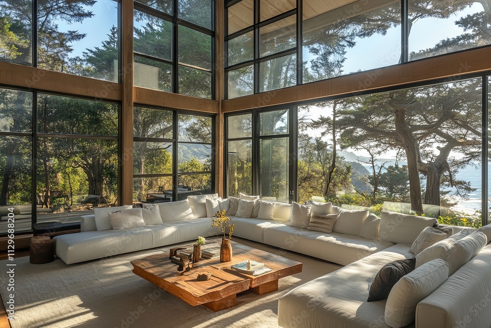 Poster modern living room with large windows showcasing ocean view and surrounding trees in a tranquil sett