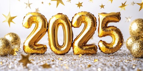 Golden balloon numbers "2025" with sparkling stars and festive decorations on a shimmering background