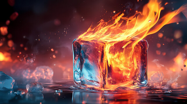 Flaming ice cube paradox marketing photo. Paradox. Illustration