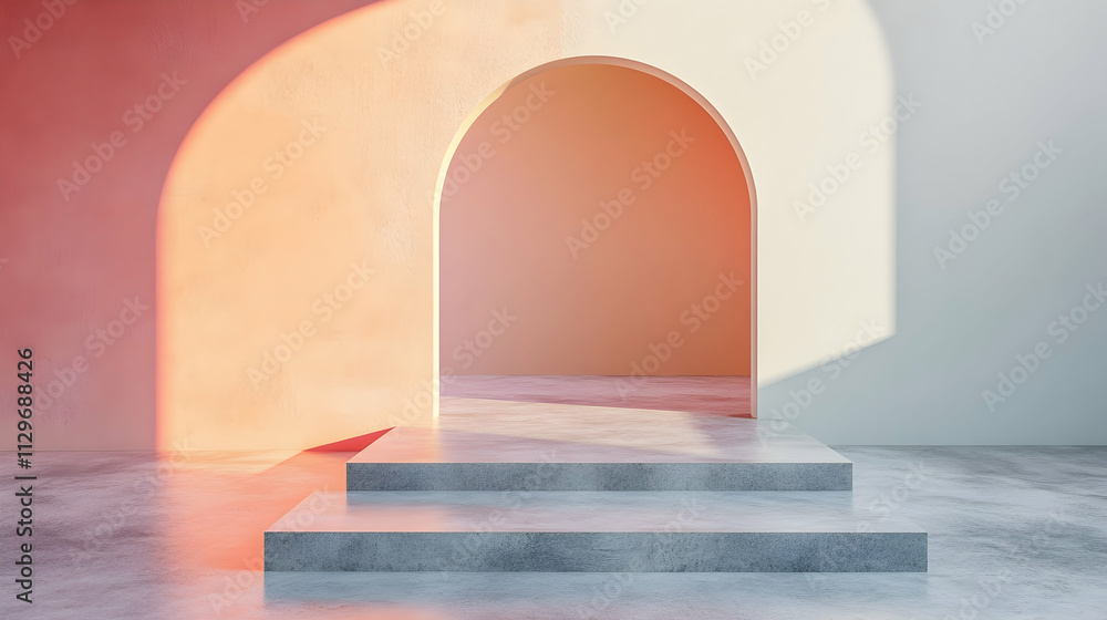 Poster polished cement floor extending into a minimalist gradient background for product showcases -