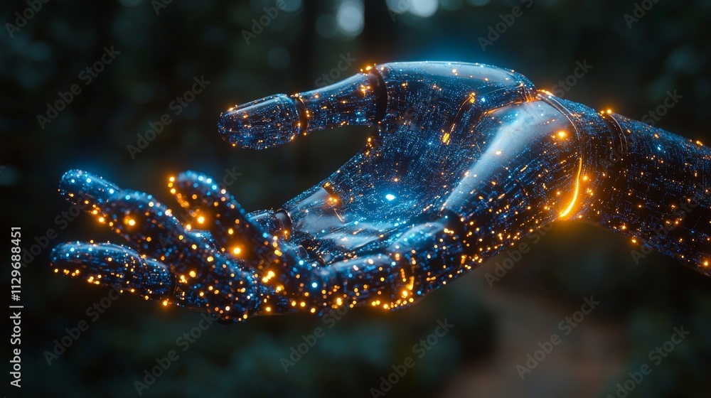 Poster a futuristic robotic hand using data to enhance decision-making processes in a natural setting