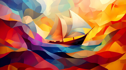 Illustrate ship of theseus paradox, abstract modern art, vibrant colors, geometric shapes, identity and change, colorful, symbolic, transition. Paradox. Illustration