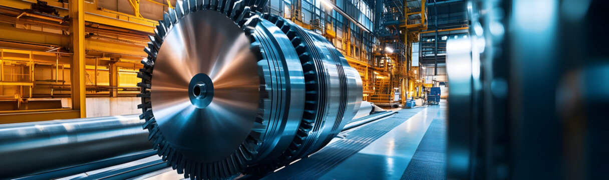 Powerful steam turbine rotor installed in the base's lodgment in an industrial plant  -