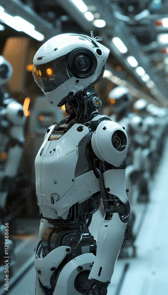 Poster robots working together on a car assembly line in a highly automated manufacturing facility. -