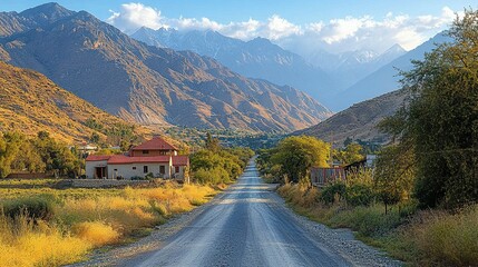Mountain Village Road Scene Showing House And Distant Peaks
