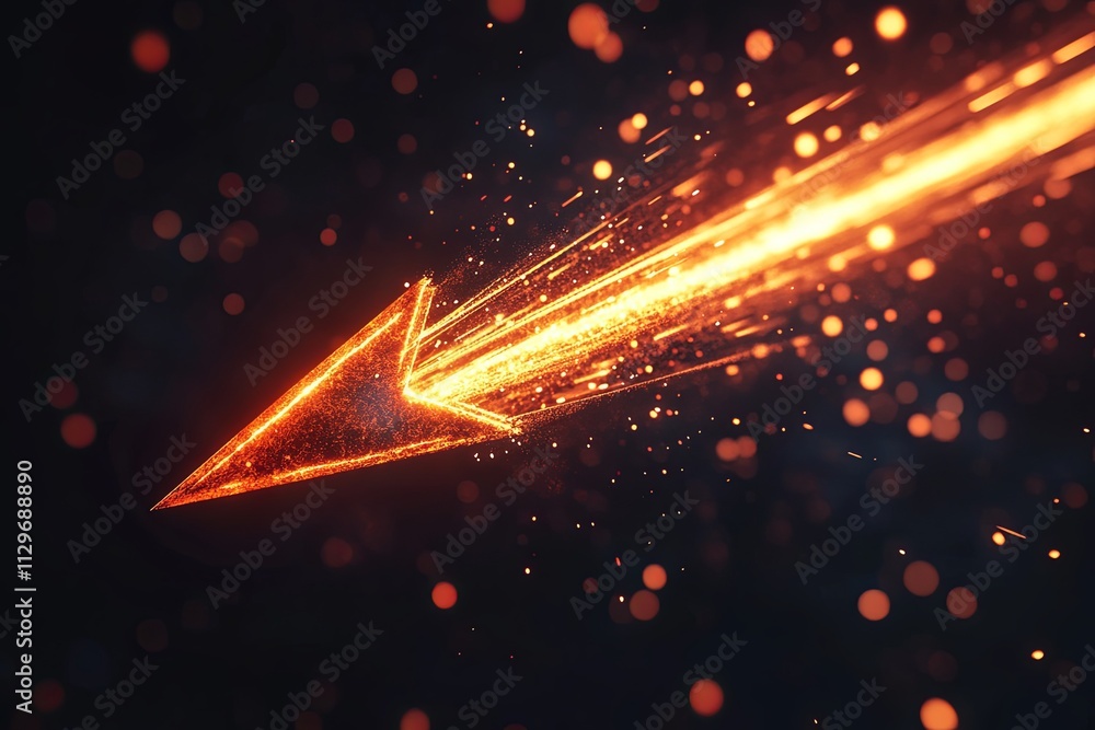 Poster bright orange arrow with a trail of sparks moving through a dark background during a digital art cre
