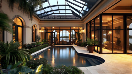Elegant Florida mansion lanai patio boasts stunning waterfront views, expansive screened-in pool area, and sleek exterior design