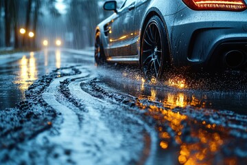  Car navigating wet road safely in rainy weather, highlighting transport and traffic safety on slippery surfaces