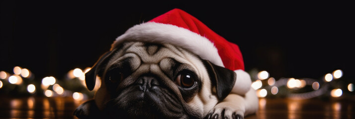 Pug dog in a Santa hat, dark background with bokeh lights, festive holiday vibe, cute and cozy