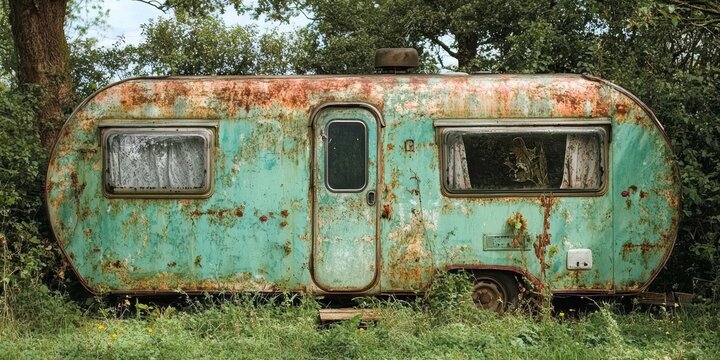 A weathered and rusted vintage caravan is tucked away amidst lush green surroundings and elements of nature, suggesting years of history