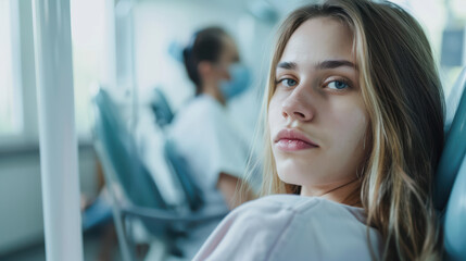 Fototapeta premium Sick young woman sitting in chair, looking concerned and tired in medical setting. atmosphere conveys sense of discomfort and vulnerability