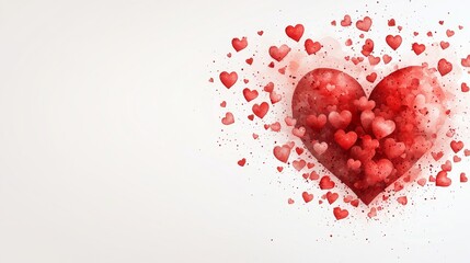 Red-painted heart sketches with a watercolor effect, blending light and dark shades, dynamically spread on a white canvas