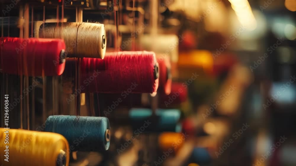 Poster spools of colorful thread hang in a textile factory, ready for weaving. perfect for textile, craft, 