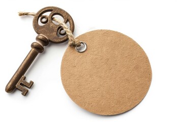 Circular paper tag with key on white background blank space available