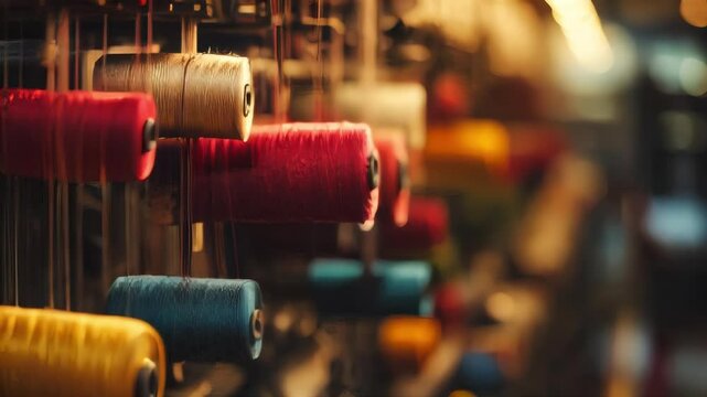Spools of colorful thread hang in a textile factory, ready for weaving. Perfect for textile, craft, and industry projects.. AI Generation