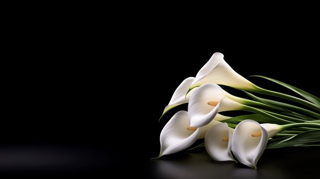 white calla lily arrangement, black background, subtle lighting, funeral and condolence concept, digital art