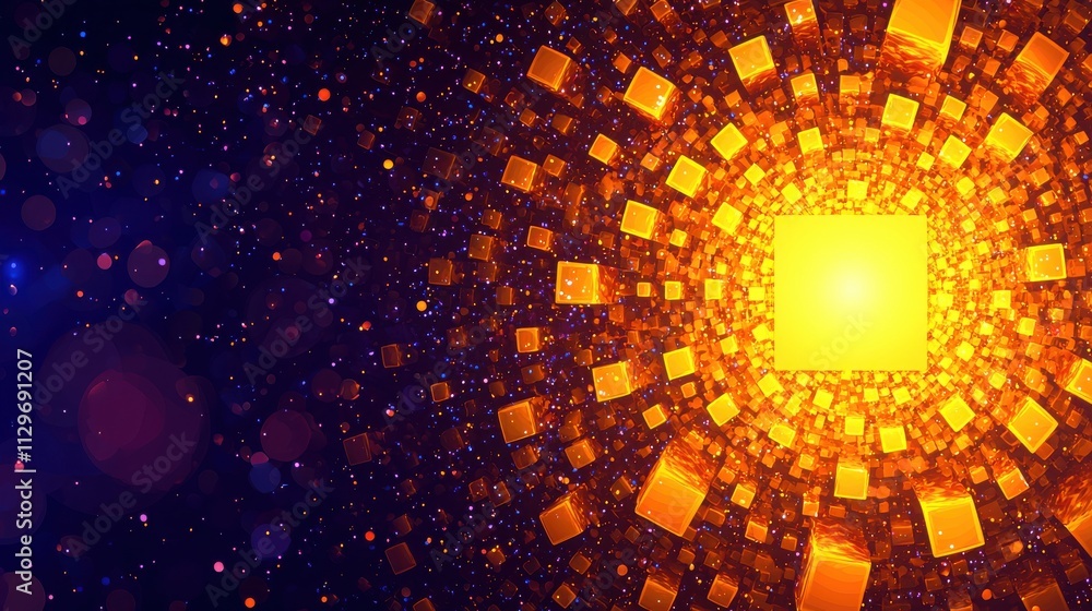 Poster close-up exploration of abstract light patterns and cubes in a cosmic digital environment