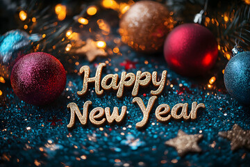 Festive Happy New Year Sign with Snowy Pine Branches and Red Baubles