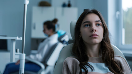 young woman sits in medical chair, looking pensive and unwell, while another person is seen in background. atmosphere suggests clinical setting, possibly doctor office