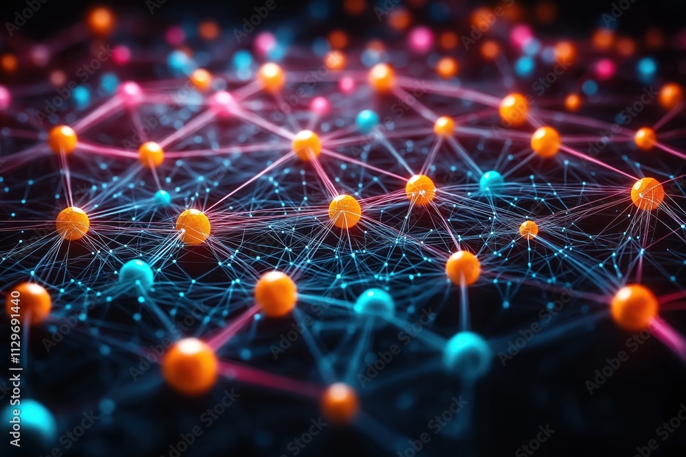 Poster abstract network concept. colorful spheres interconnected by lines. represents teamwork, community. 