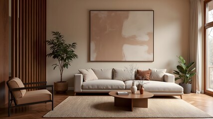 Bright sofa with warm brown wooden elements  Living Room