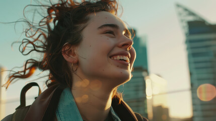 joyful young woman with curly hair smiles brightly against city skyline, capturing essence of happiness and optimism as she heads to work