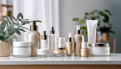 Close-Up of Cosmetic Products Displayed on a Vanity Table