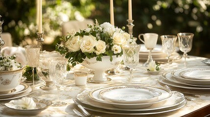 Fototapeta premium A beautiful dinner table set for a family reunion dinner, with elegant tableware, candles, and fresh flowers, as family members enjoy a hearty meal together 