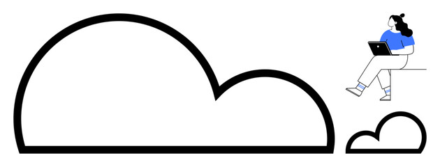 Woman sits on elevated platform with laptop, large black cloud shape beside smaller black cloud shape. Ideal for tech, cloud computing, remote work, data storage, internet services, digital