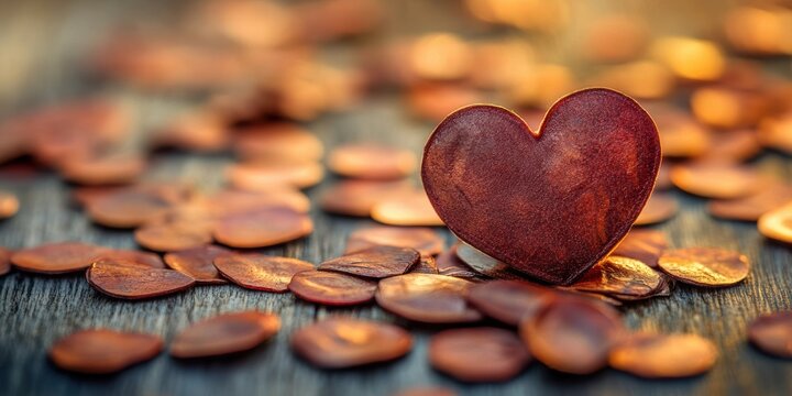 An artistic and heartwarming close-up photograph showing a central heart-shaped object surrounded by scattered heart shapes on a rustic wooden surface