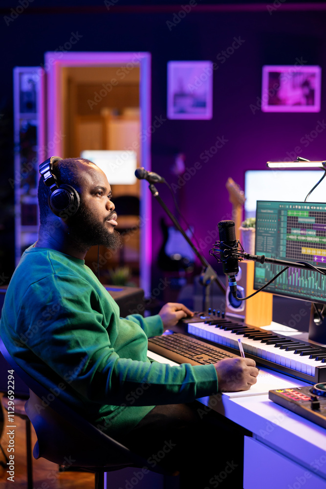 Poster professional artist writes new verses for a song in home studio, producing new music with mixing con