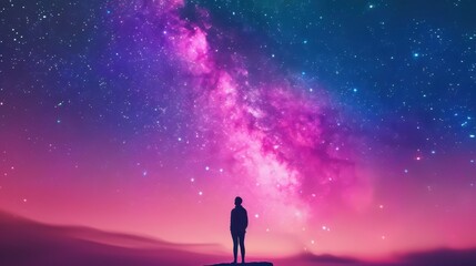 Fototapeta premium A stunning view of the Milky Way above, with a lone cameraman silhouetted against the warmcolored night sky.