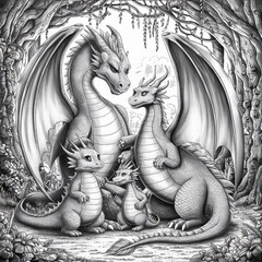 Obraz premium Collection of Coloring Page Mandala and Dragon Family story for coloring and Printable page