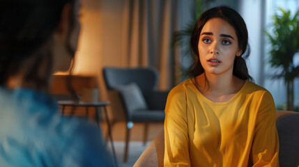 Close up of young woman in yellow shirt during job interview, expressing concern and attentiveness while speaking with interviewer in modern setting