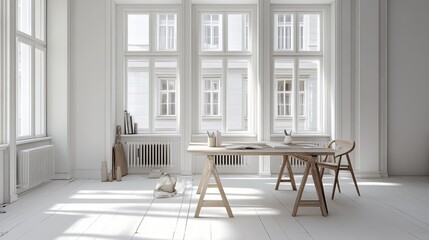 Fototapeta premium Bright White Room Minimalist Workspace Design