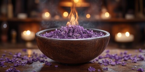 A beautifully crafted wooden bowl filled with vibrant purple incense burns on a rustic table, creating a serene and aromatic ambiance with candles softly glowing in the blurred background.