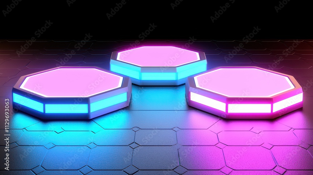 Poster dynamic neon octagonal platforms for virtual events futuristic space digital art dark theme