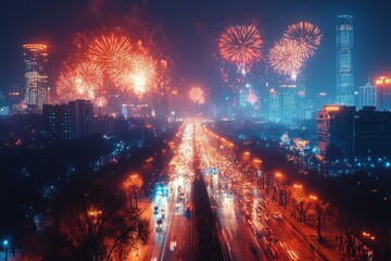 Fototapeta premium Beijing cityscape illuminated by festive New Year fireworks at night, showcasing vibrant urban celebration atmosphere